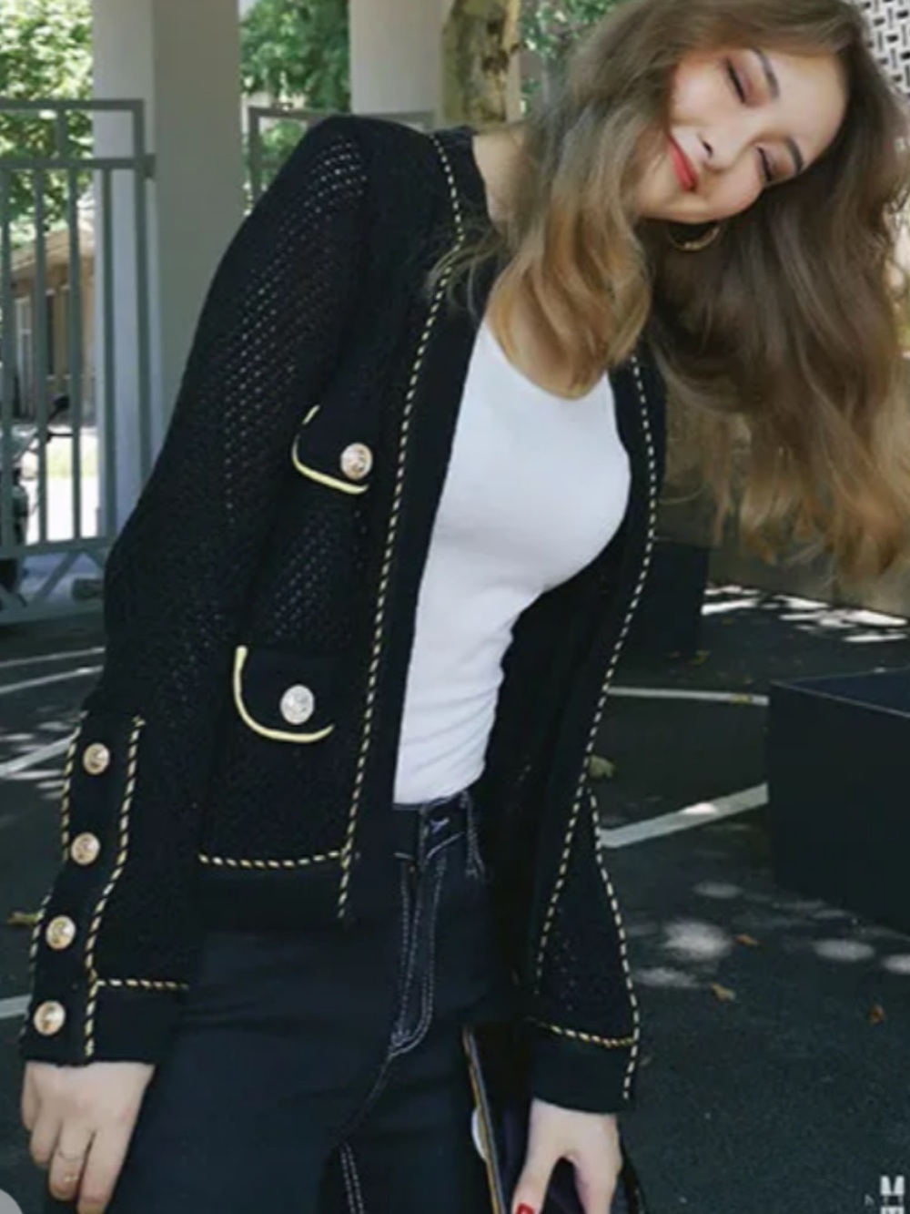 Black Open-Knit Cardigan with Gold Trim and Button Accents